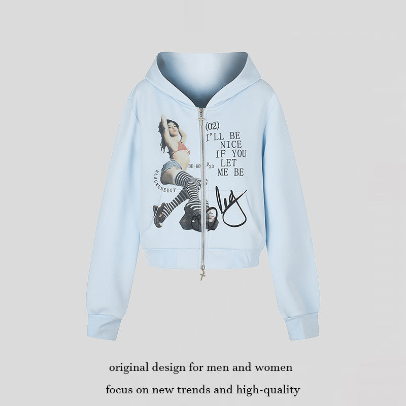 Damen Kapuzen-Sweatjacke mit Fotoprint, kurzem Cropped-Schnitt und Kreuz-Zipper Echoarchiv