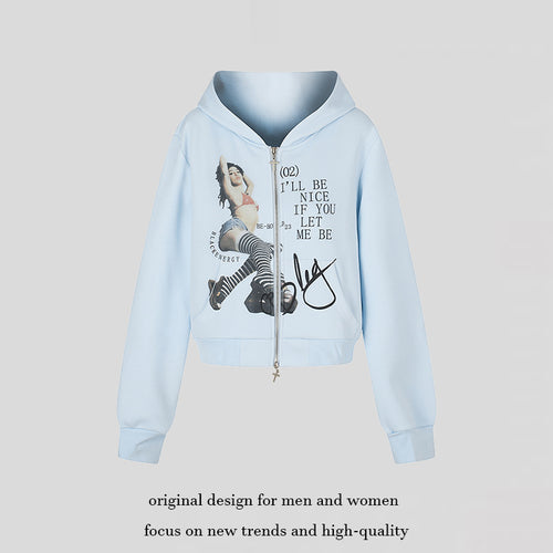 Damen Kapuzen-Sweatjacke mit Fotoprint, kurzem Cropped-Schnitt und Kreuz-Zipper Echoarchiv
