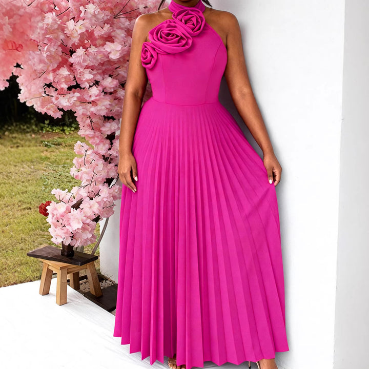 Damen Elegantes Plissiertes Maxikleid mit dekorativen Rosen Echo Archiv