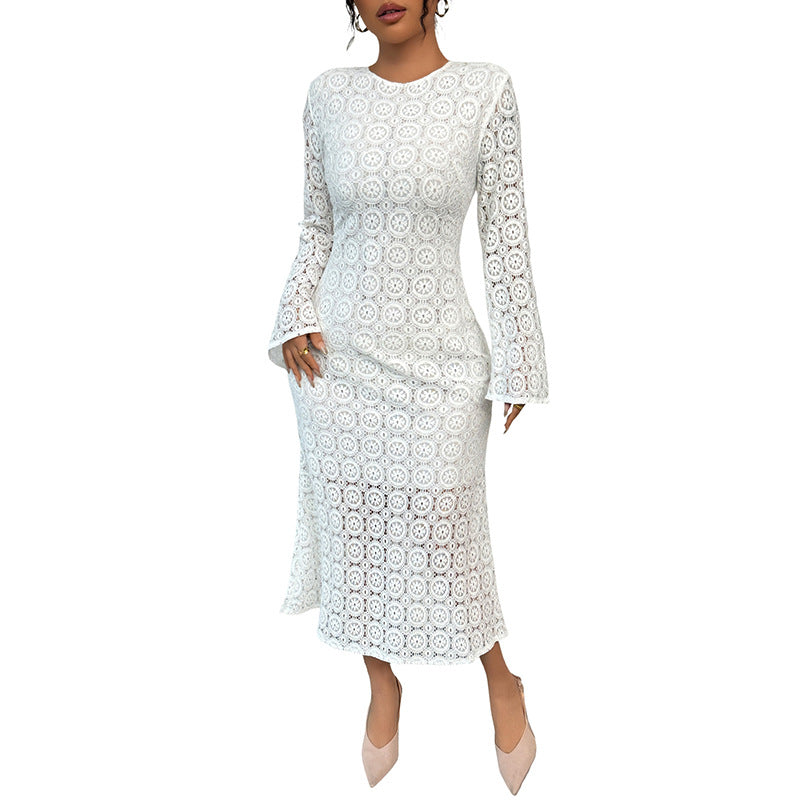 Damen Midikleid aus Häkelspitze mit taillierter Silhouette, Trompetenärmeln und ausgestelltem Saum Echoarchiv