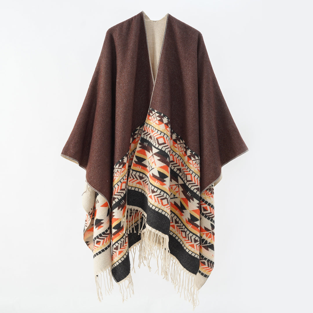 Damen V-Kragen-Überwurfponcho im Kimono-Fall mit Ethno-Bordüre und Fransensaum Echo Archiv