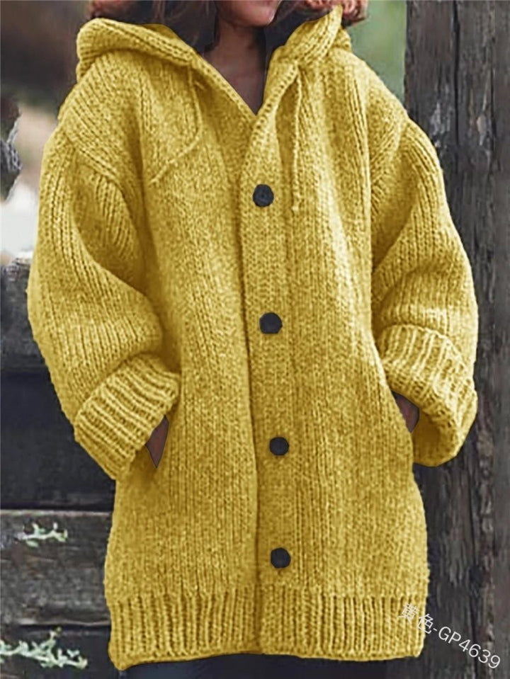 Damen weit geschnittener Kapuzen-Strickmantel mit Knopfleiste und Eingrifftaschen Echo Archiv