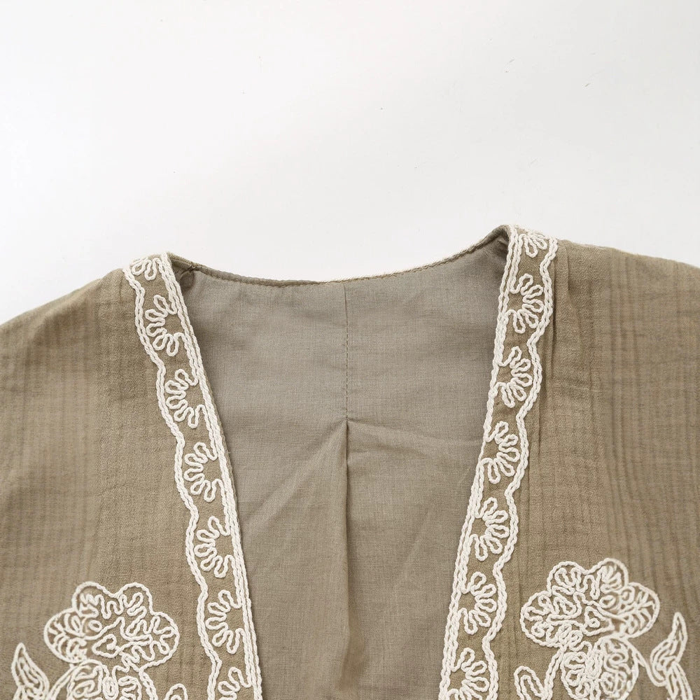 Damen Ärmellose Leinenweste mit floraler Reliefstickerei und offener Front Echoarchiv
