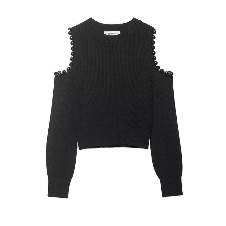 Damen Gestrickter Cropped-Pullover mit Cut-Out-Schultern und Perlenbesatz Echoarchiv
