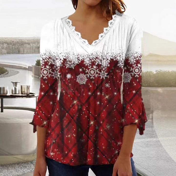 Damen nan Tunika-Bluse mit Spitzen-V-Ausschnitt, feiner Plissee-Passe und winterlichem Schneeflocken-Print Echo Archiv