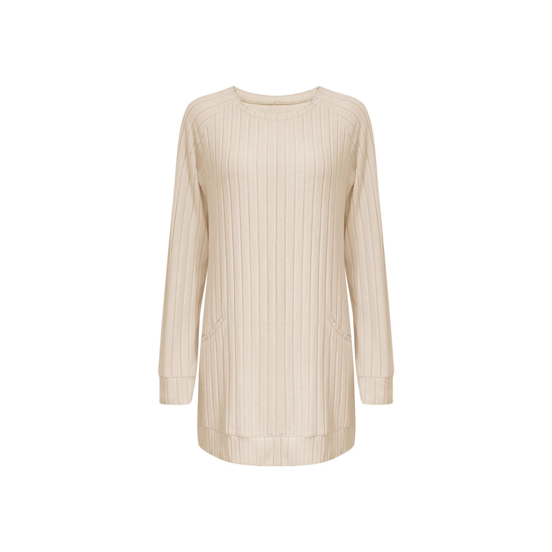 Damen Gerippter Longpullover-Tunika mit Rundhals, Seitentaschen und legerer Passform Echoarchiv