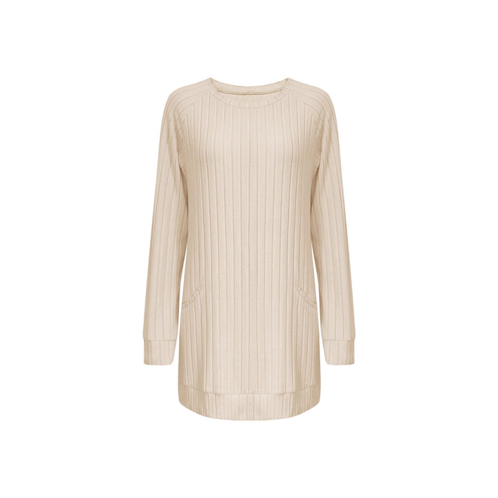 Damen Gerippter Longpullover-Tunika mit Rundhals, Seitentaschen und legerer Passform Echoarchiv