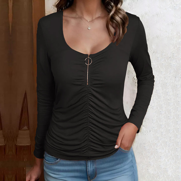 Damen Langarmshirt mit Raffung und Zier-Reißverschluss – Avérine