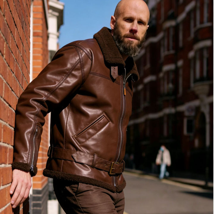 Herren Kunstleder-Fliegerjacke mit Teddyfutter, Reißverschlüssen und Stehkragen Echoarchiv