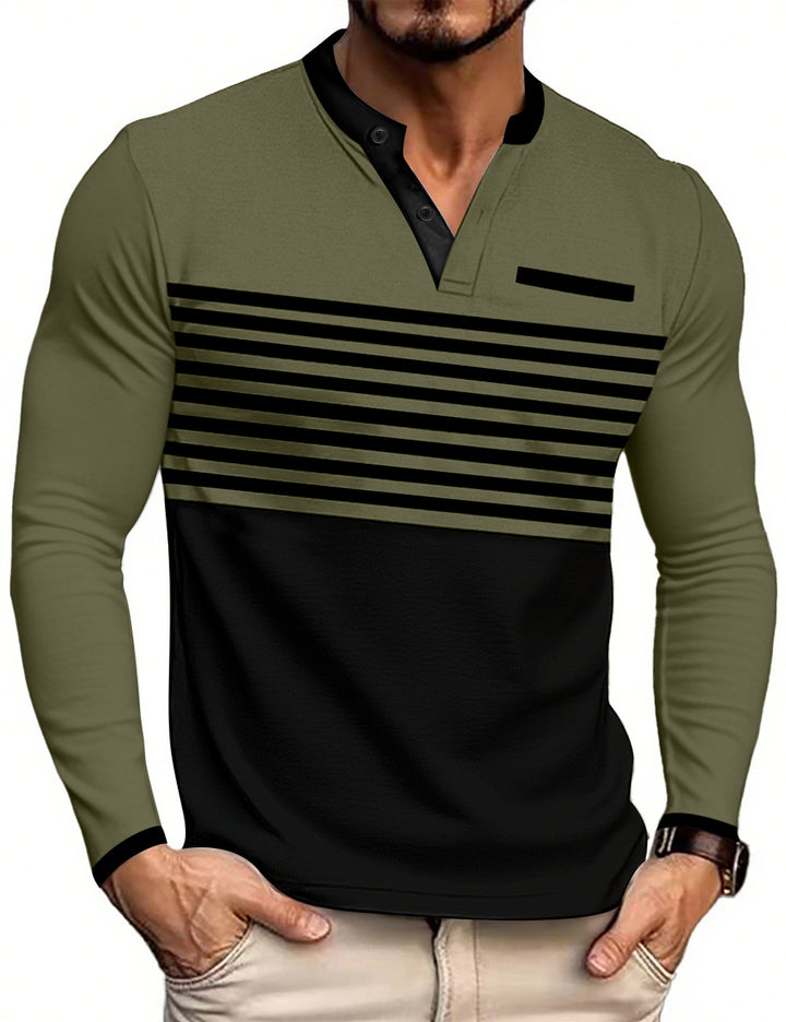 Herren nan modernes Langarm-Polo mit Henley-Blende gestreifter Brustpartie und Stehkragen Echo Archiv