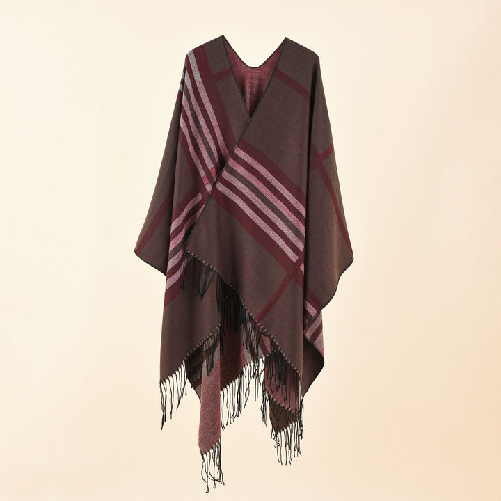 Damen Kastiger Ruana-Überwurf mit Fransen und diagonalem Streifenjacquard Echo Archiv