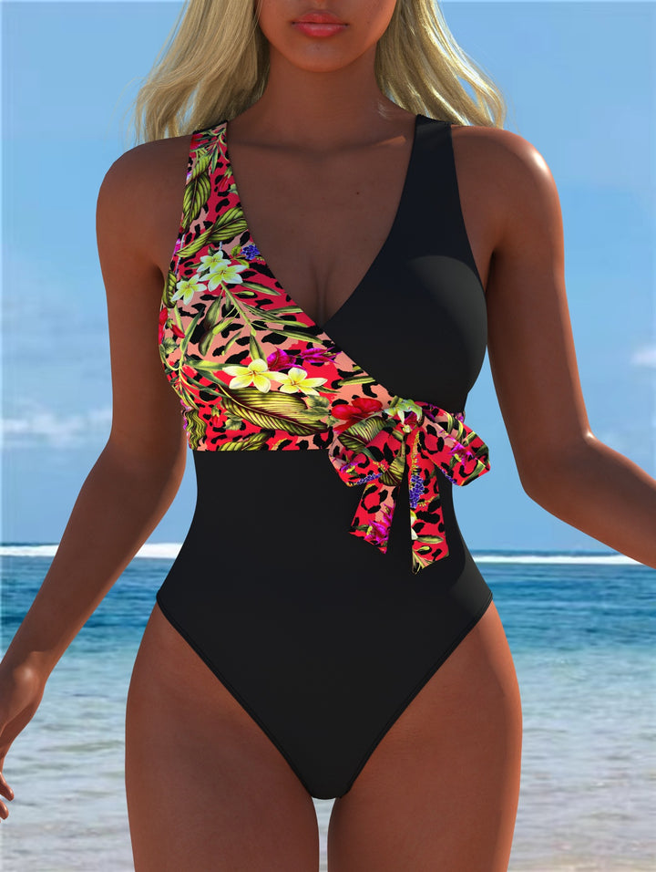 Damen einteiliger Badeanzug mit floralem Wickeldesign und modischem Schwarz Echo Archiv