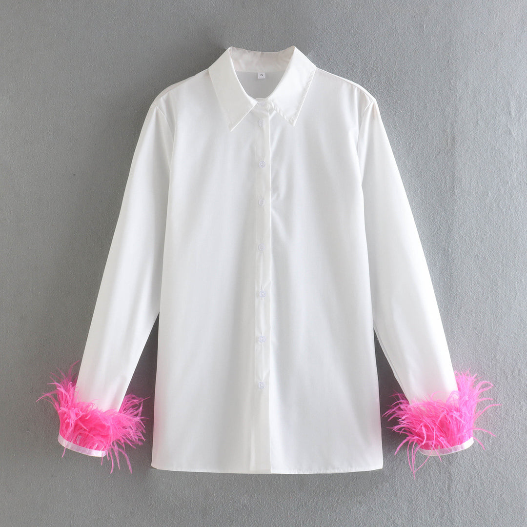 Damen Elegante Baumwollbluse mit Federbesatz an Manschetten und klassischem Hemdkragen Echo Archiv