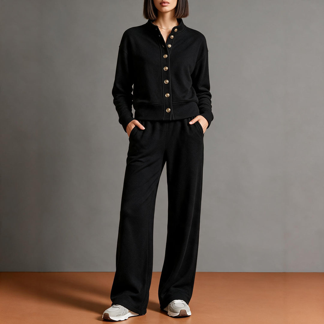 Damen Sweatjacke mit Druckknopfleiste, Stehkragen und weichem Lounge-Schnitt Echoarchiv
