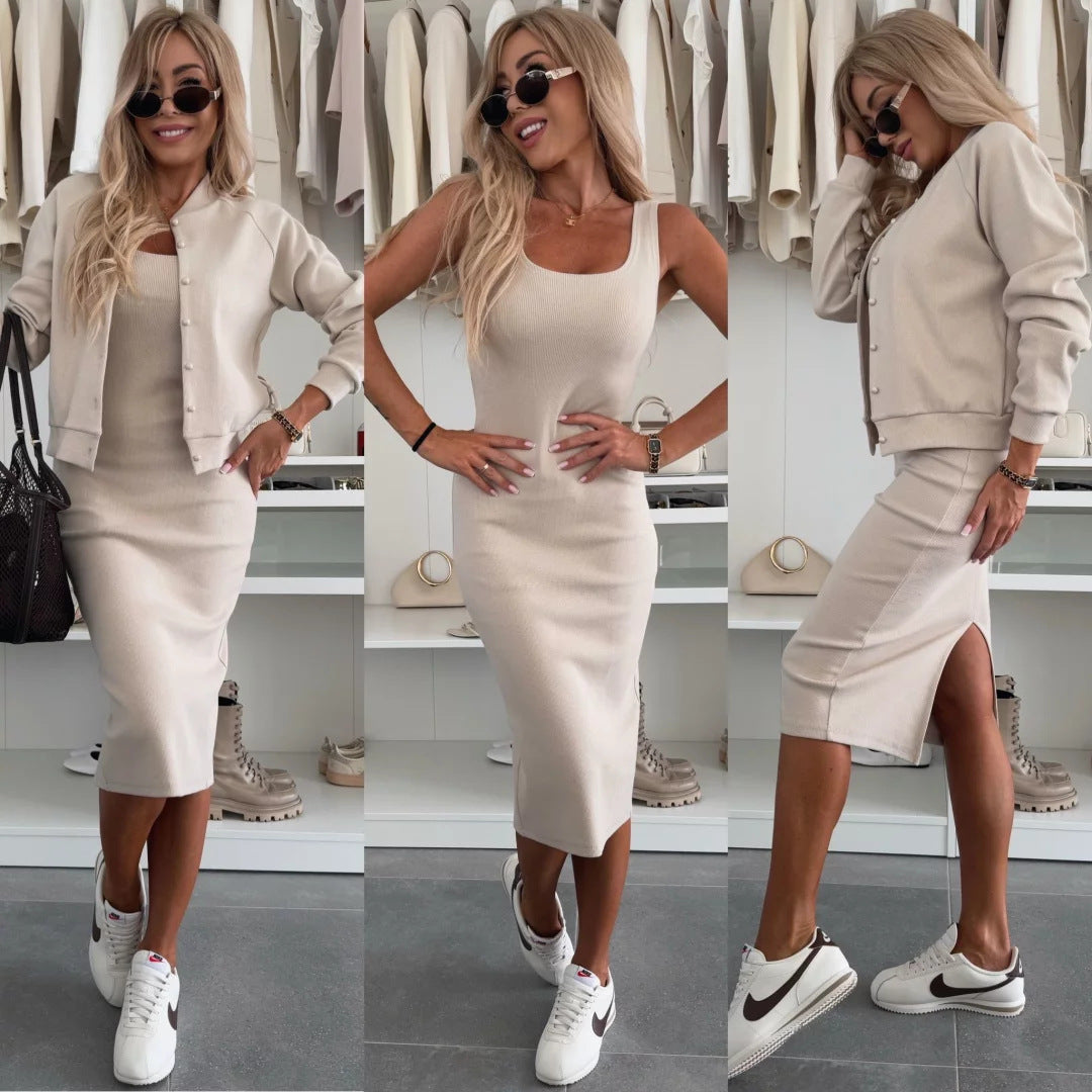 Damen figurbetontes Strick-Midikleid mit passender Kurzjacke und Rundhalsausschnitt – Élara