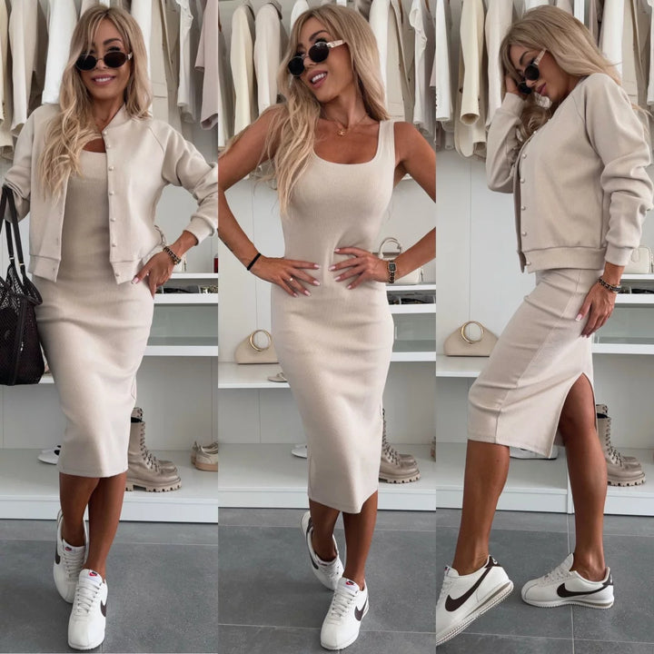 Damen figurbetontes Strick-Midikleid mit passender Kurzjacke und Rundhalsausschnitt – Élara