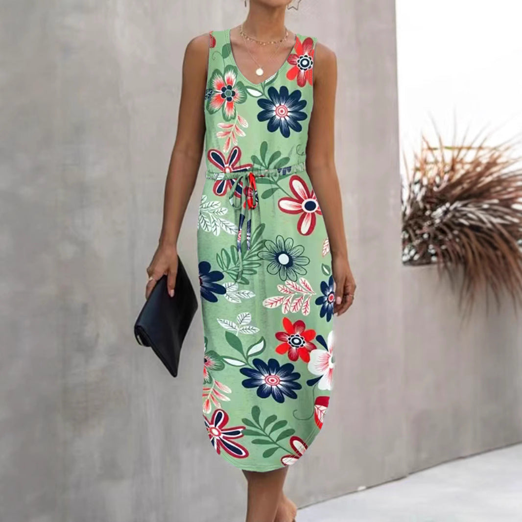Damen Blumenmaxikleid mit elastischem Taillenkordelzug und seitlichem Schlitz Echo Archiv
