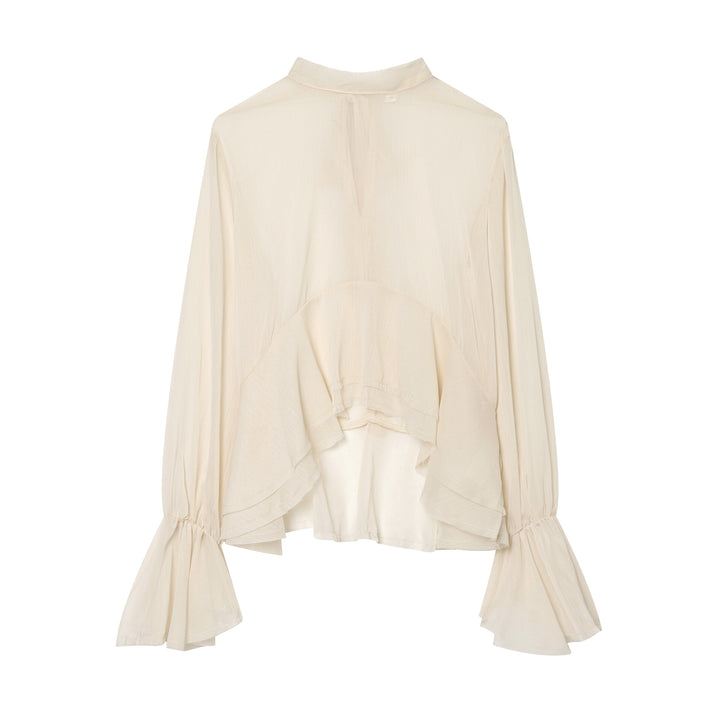 Damen nan transparente Chiffonbluse mit Schleifenkragen, Volantärmeln und Schößchen Echo Archiv