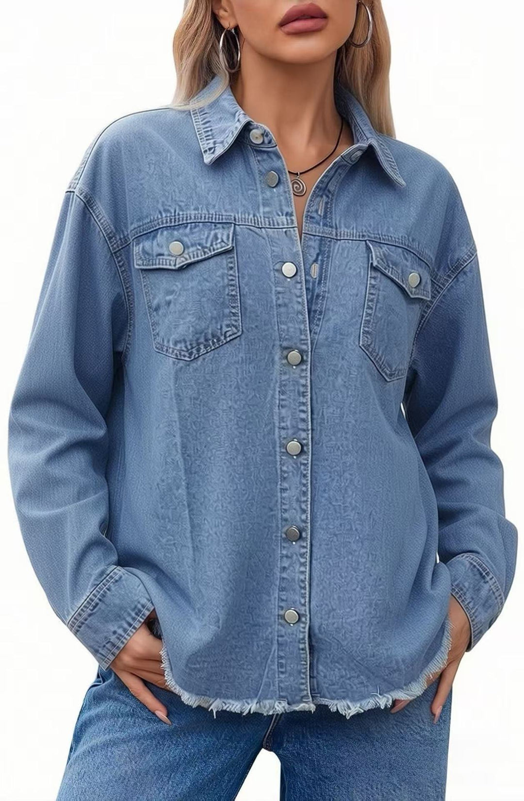 Damen Denim-Bluse im lässigen Schnitt mit Fransen und aufgesetzten Taschen Echo Archiv
