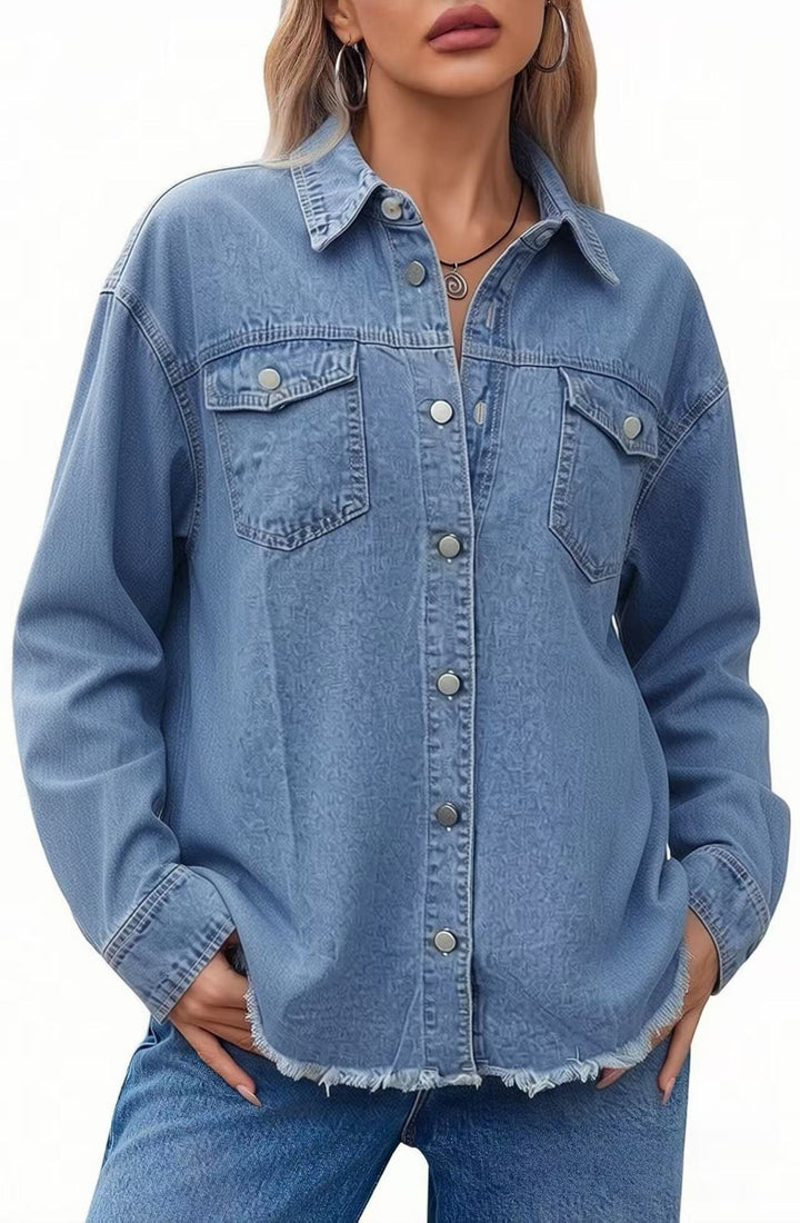 Damen Denim-Bluse im lässigen Schnitt mit Fransen und aufgesetzten Taschen Echo Archiv