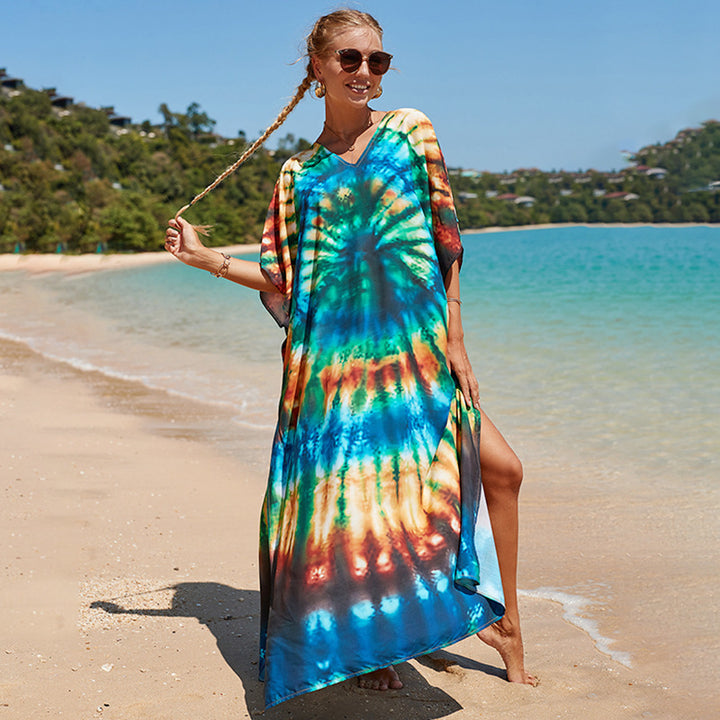 Damen Strandkleid mit buntem Batikdesign und weit geschnittenen Ärmeln Echo Archiv