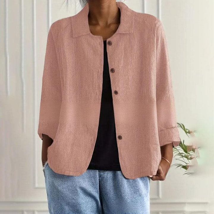 Damen Oversized Leinen-Hemdjacke mit Hemdkragen, 3/4-Ärmeln und durchgehender Knopfleiste Echo Archiv