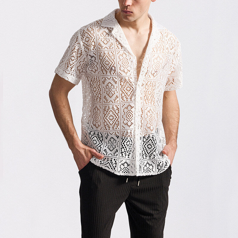 Herren Kurzes Spitzenhemd mit floralem Design und durchbrochenen Mustern Echoarchiv