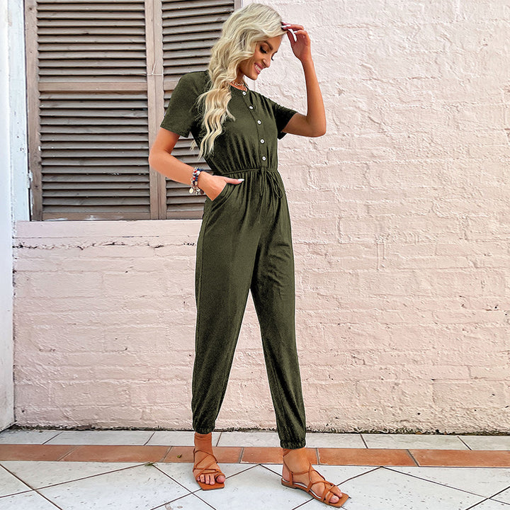 Damen Relaxter Kurzarm-Jumpsuit mit Knopfleiste, Tunnelzugtaillie und elastischen Beinabschlüssen Echoarchiv