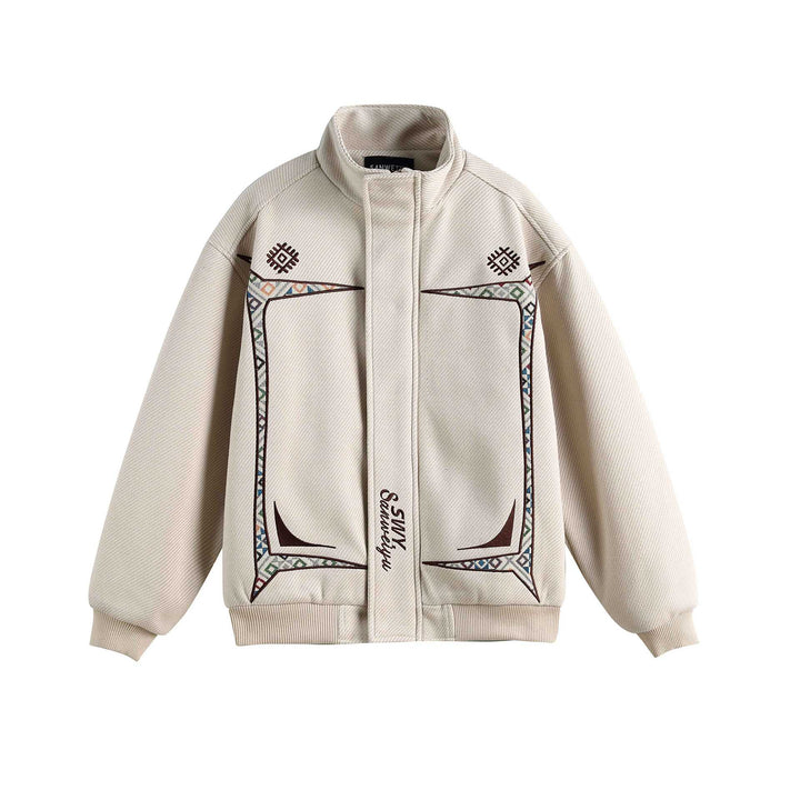 Damen Leichte Stehkragen-Jacke mit folkloren Stickapplikationen und gerippten Bündchen Echoarchiv