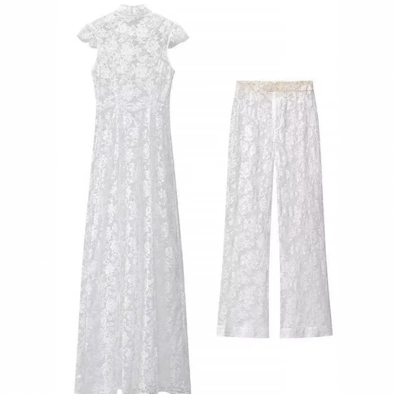 Damen Zweiteiliges Spitzenset mit Stehkragen‑Maxikleid und weiter Spitzenhose Echo Archiv