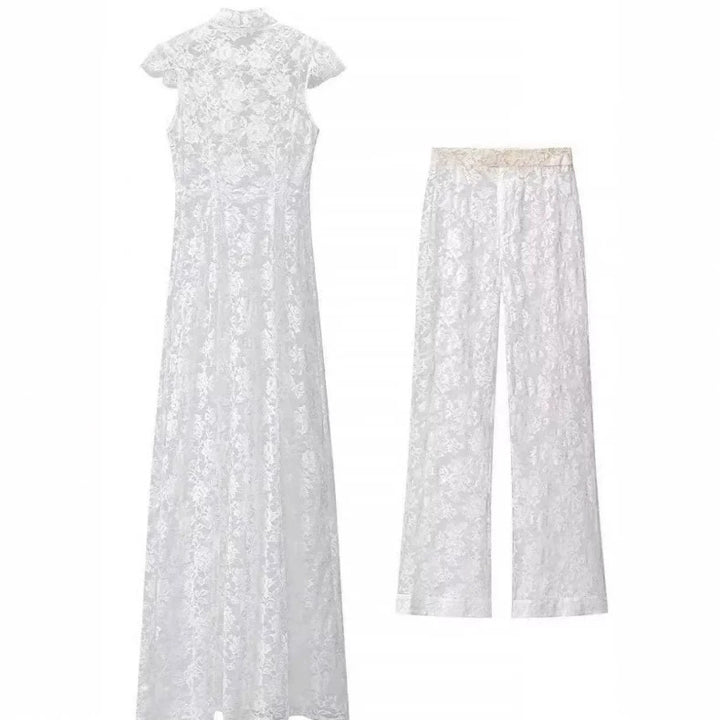 Damen Zweiteiliges Spitzenset mit Stehkragen‑Maxikleid und weiter Spitzenhose Echo Archiv