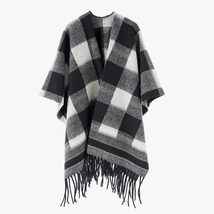 Damen Capeponcho im Plaid-Wickelstil aus Wollmix mit Fransensaum – Montévia
