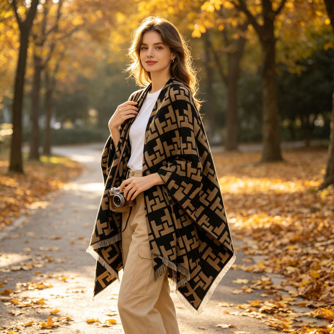 Damen Oversize-Cape mit geometrischem Jacquard und Fransensaum – Avérine