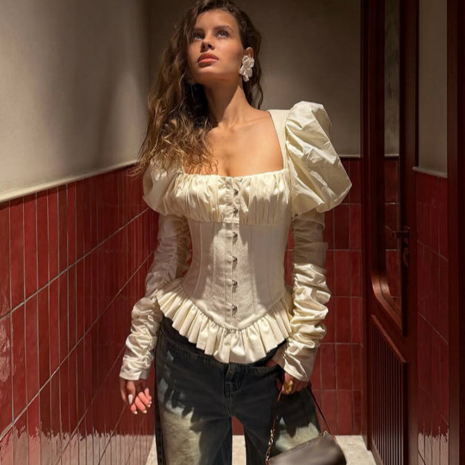 Damen Corsagenbluse mit Puffärmeln, Rüschen-Saum und Schnürdetail Echoarchiv