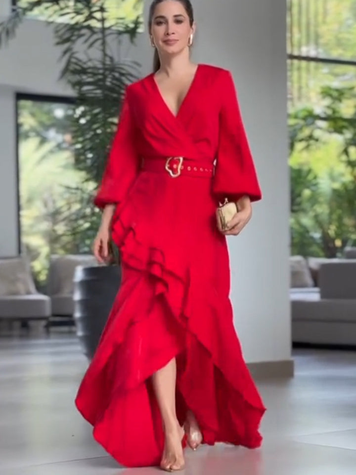 Damen Elegantes Wickel-Maxikleid mit Volants, tailliertem Gürtel & weitem Glockenärmel Echoarchiv