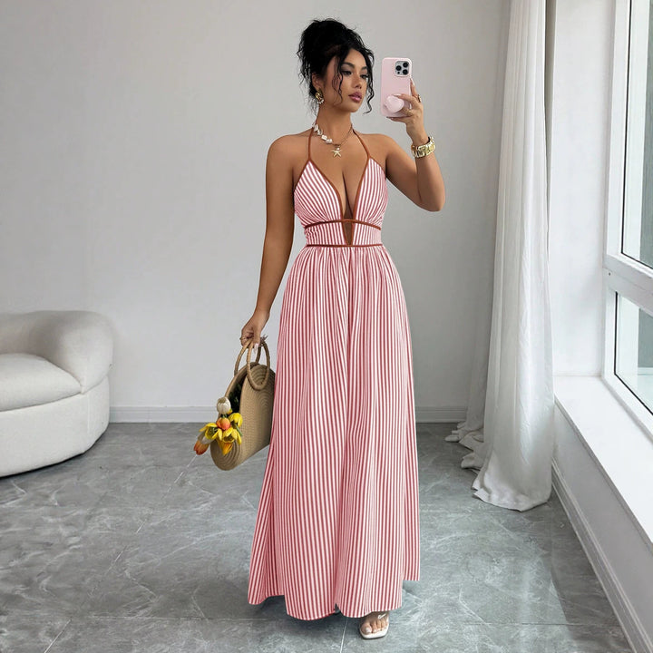 Damen Gestreiftes Neckholder-Maxikleid mit tiefem V-Ausschnitt und Taillen-Cut-Out – Valéora