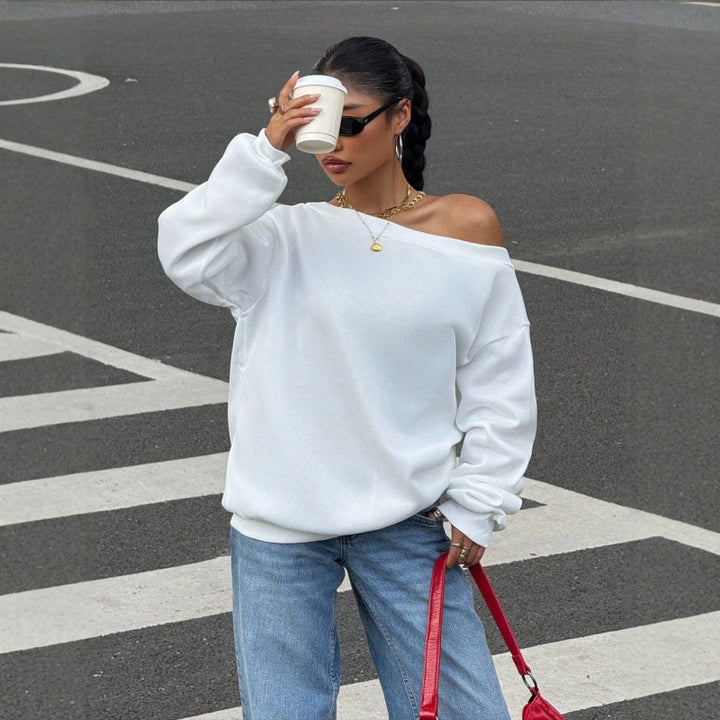 Damen Oversize Off-Shoulder Sweatshirt mit weitem Schnitt und schrägem Ausschnitt Echoarchiv