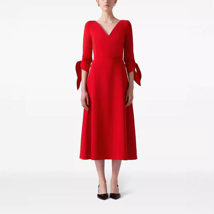 Damen Tailliertes Midikleid mit V-Ausschnitt und Schleifenmanschetten Echoarchiv