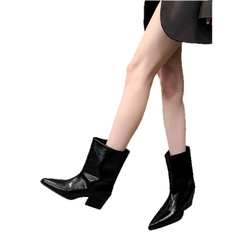 Damen Spitz zulaufende halbhohe Stiefelette mit skulptiertem Blockabsatz Echo Archiv