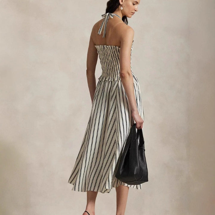 Damen nan Midikleid mit Smokoberteil, verstellbarem Halterband, weitem A-Linien-Rock und Eingrifftaschen Echo Archiv