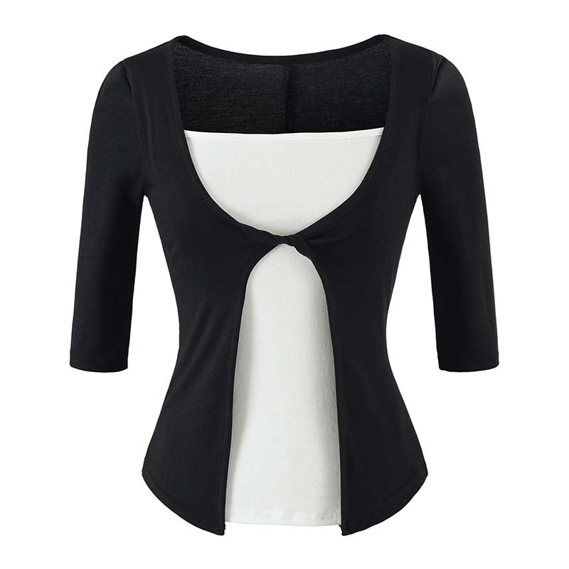 Damen Lagen‑Look Shirt mit Knotenfront, Dreiviertelärmel und integriertem Untertop Echoarchiv