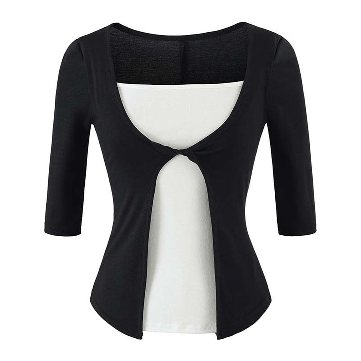 Damen Lagen‑Look Shirt mit Knotenfront, Dreiviertelärmel und integriertem Untertop Echoarchiv