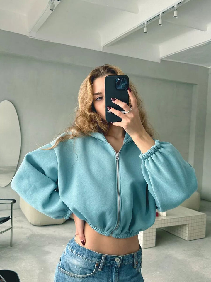 Damen nan oversized Kapuzenjacke kurz geschnitten mit elastischem Saum und Ballonärmeln Echo Archiv