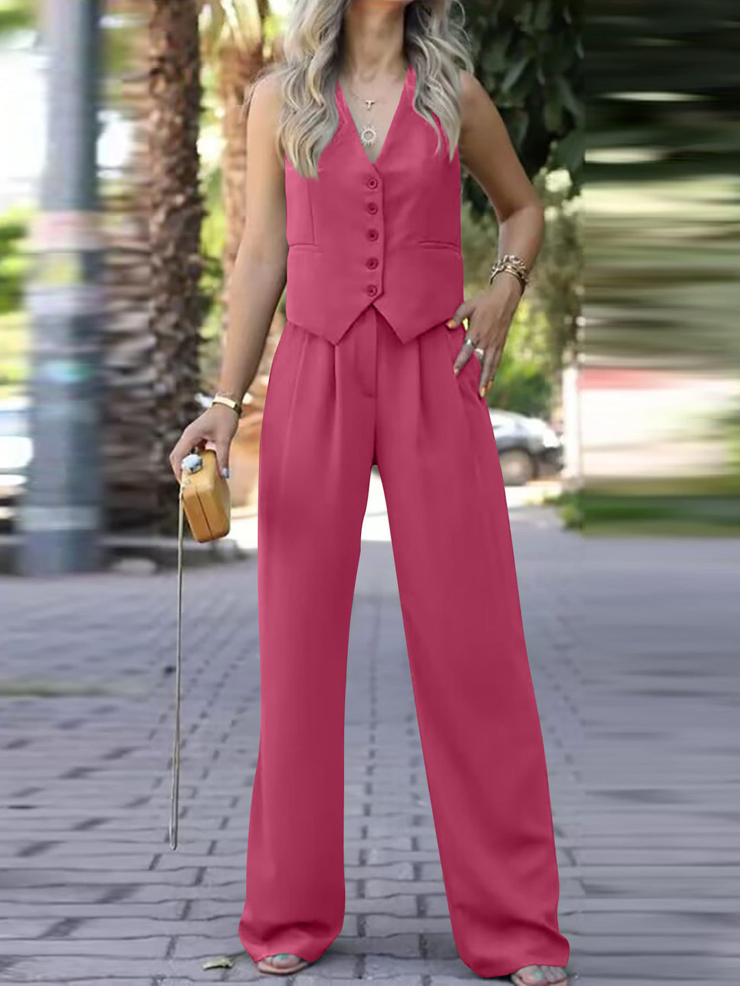 Damen Eleganter Zweiteiler mit taillierter Weste und weiter Palazzo-Hose – Célinea