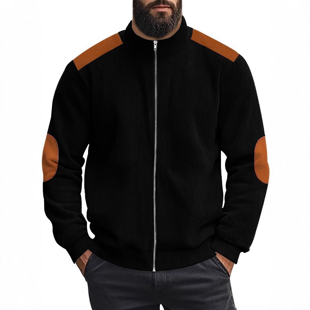Herren Strickjacke mit modernen Lederakzenten und hoch geschlossenem Kragen Echoarchiv