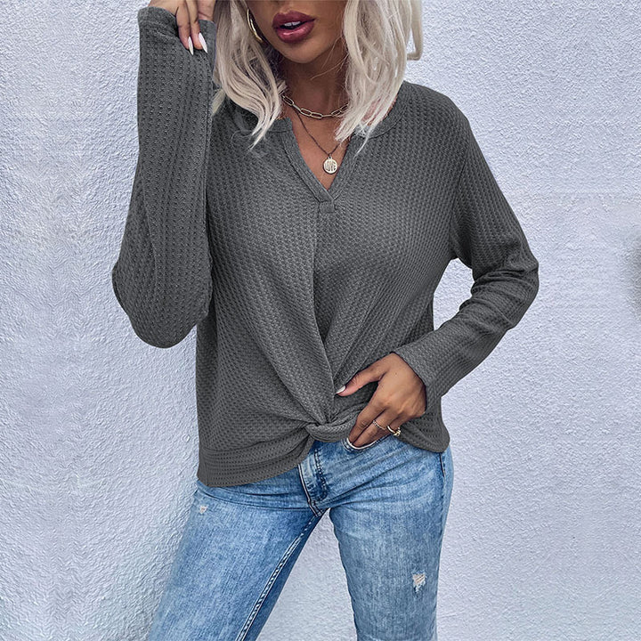 Damen Waffelstrick-Longsleeve mit V‑Ausschnitt und Knotenfront Echoarchiv