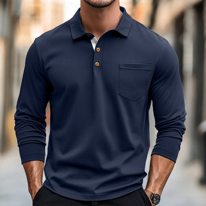 Herren modisches Langarm-Polohemd mit Knopfleiste und Brusttasche Echoarchiv