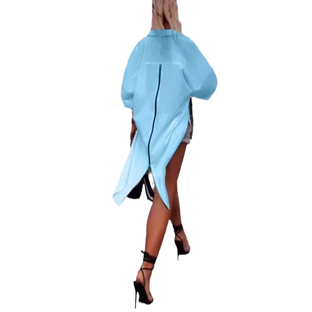 Damen nan weites Hemdkleid mit mittigem Rückenreißverschluss, geschlitztem Schwalbenschwanzsaum und halblangen Fledermausärmeln Echo Archiv