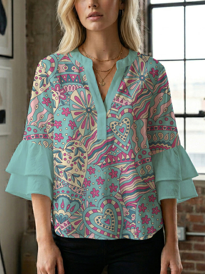 Damen elegantes Blusenshirt mit voluminösen Rüsenärmeln und grafischem Blumendesign Echo Archiv