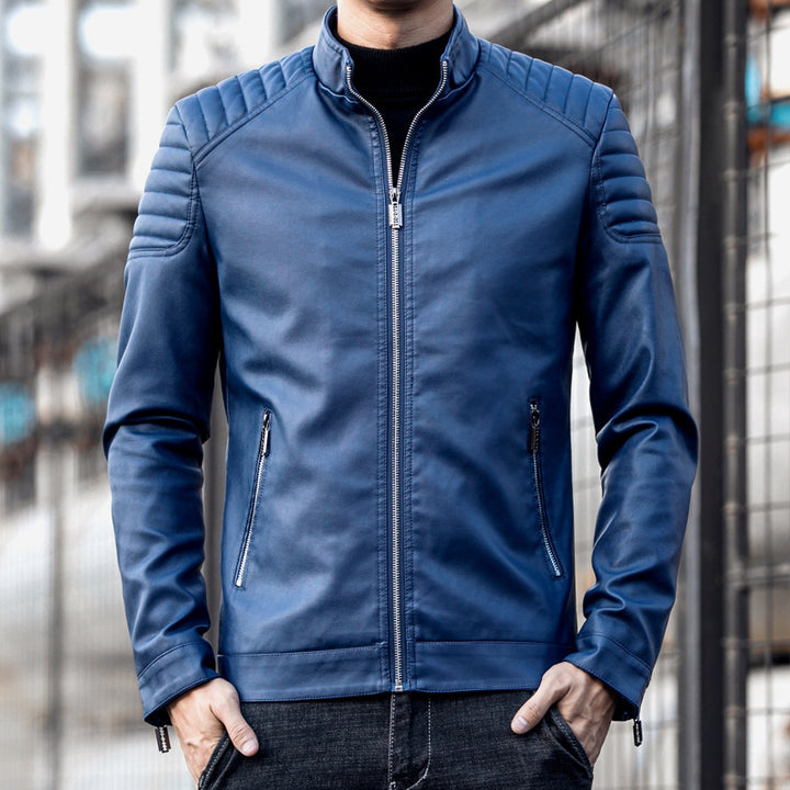 Herren Lederoptik-Bomberjacke mit gesteppter Schulterpartie und Stehkragen – Brevano